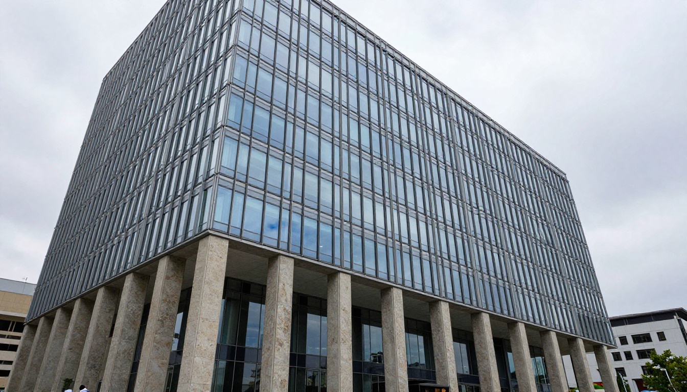Modern glass and steel office building facade viewed from low angle against overcast sky