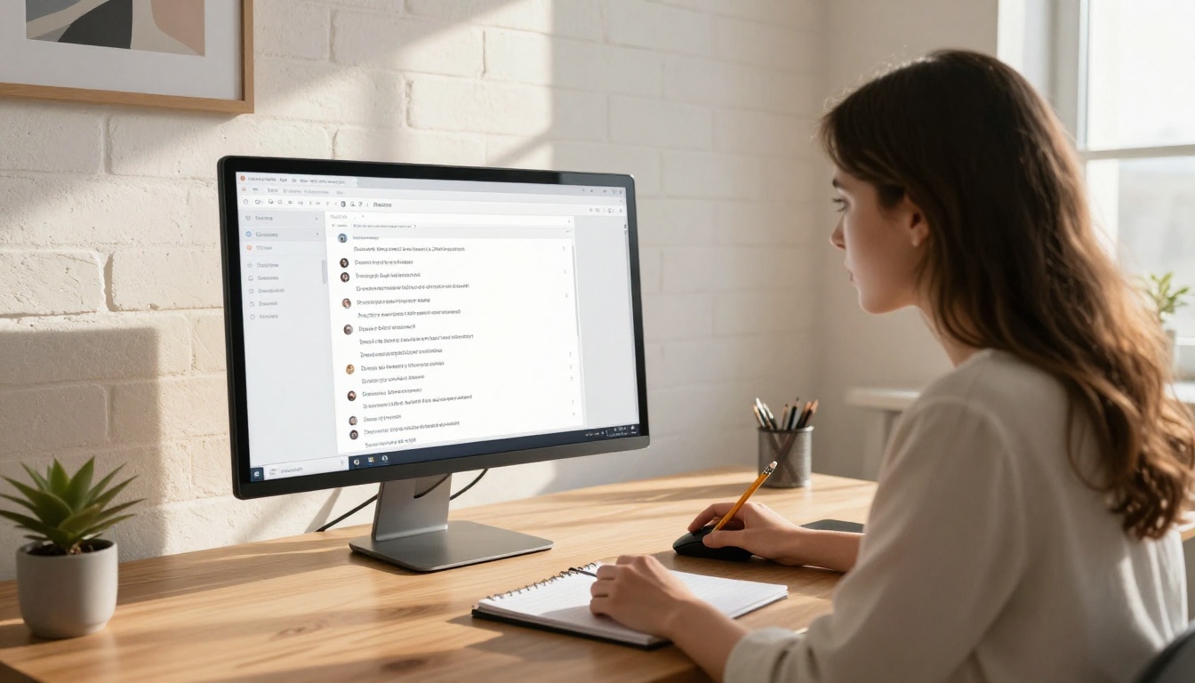 Woman reviewing a chat interface on a large desktop monitor in a well-lit office