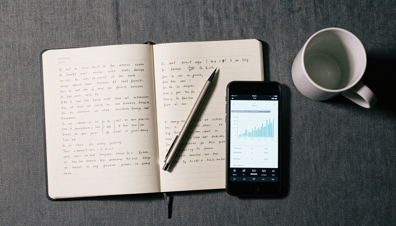 Flat-lay overhead view of a data analytics workspace with notebook, smartphone, and tablet