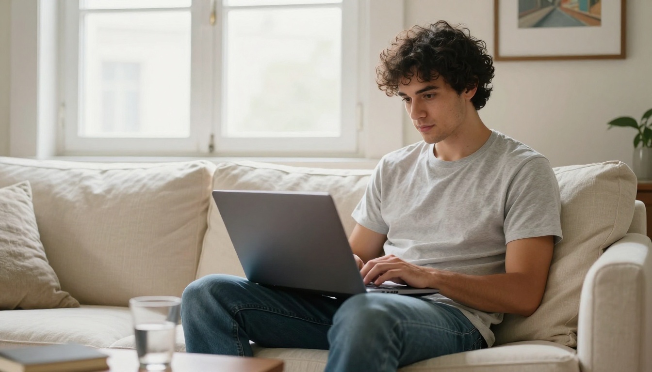 Young man seated thoughtfully on a sofa with laptop, soft window light behind him