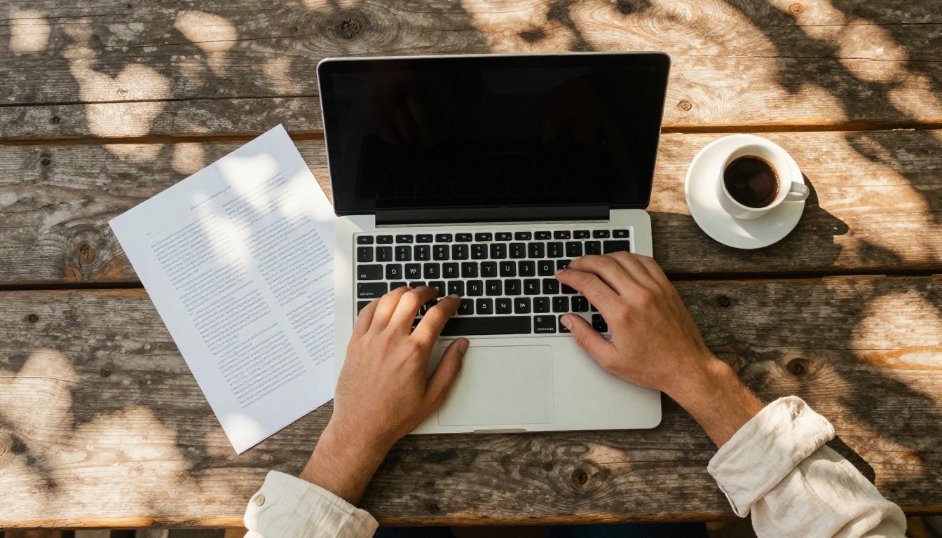 Aerial overhead view of hands working on a laptop on an outdoor wooden table with dappled sunlight