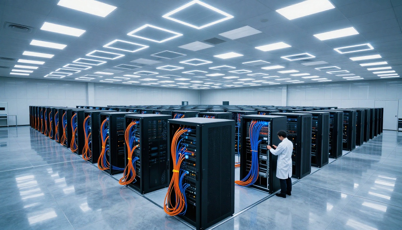 Aerial view of modern AI data center with server racks and fiber optic cables