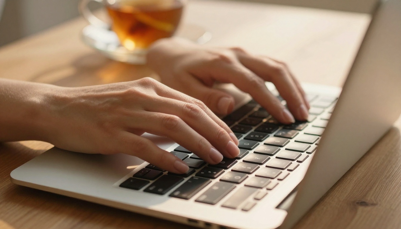 Close-up of writer's hands on MacBook keyboard in golden hour light