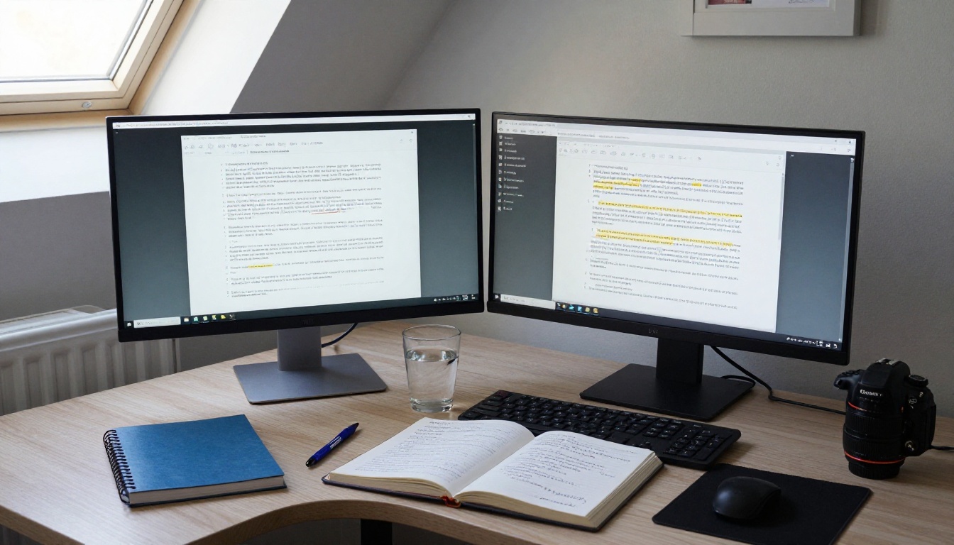 Wide-angle view of creative writing workstation with dual monitors and notebook