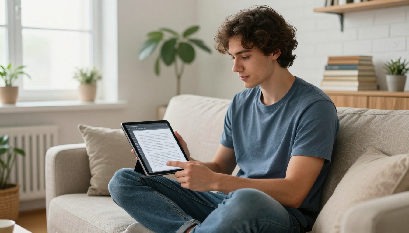 Young content creator reading AI-generated article draft on tablet on linen sofa Young content creator reading AI-generated article draft on tablet on linen sofa