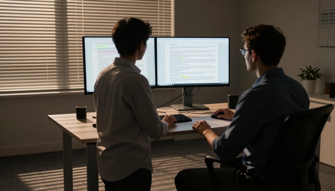 Journalist reviewing long article on monitor at a standing desk in evening light