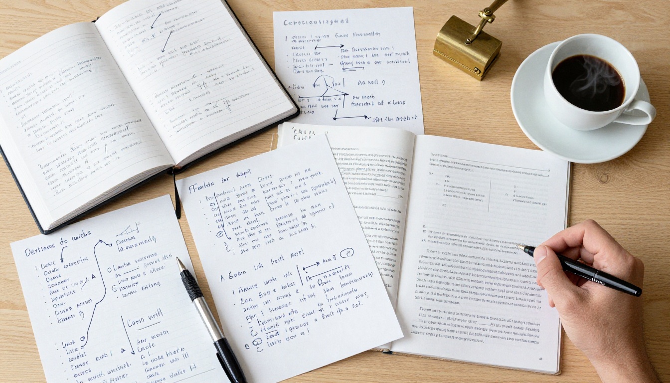 Writer's brainstorming table with index cards, notebook, and espresso