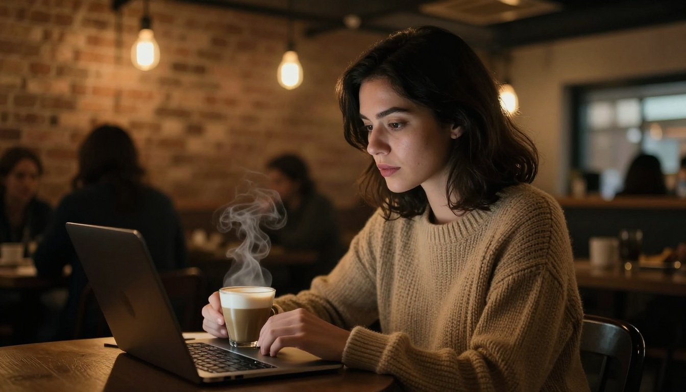 Female blogger illuminated by laptop screen glow at industrial café table with coffee Female blogger illuminated by laptop screen glow at industrial café table with coffee