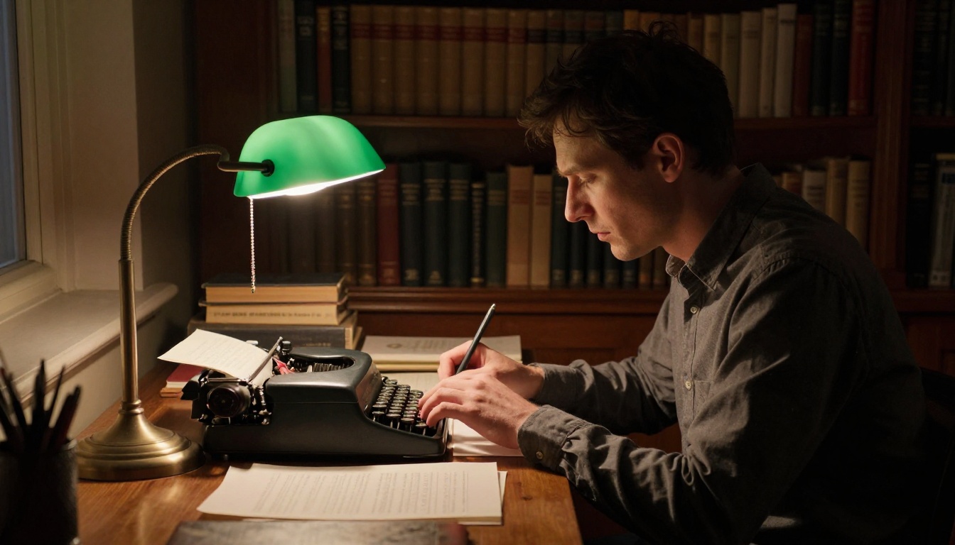 Male novelist at wooden desk in dark study with warm banker's lamp casting chiaroscuro light Male novelist at wooden desk in dark study with warm banker's lamp casting chiaroscuro light