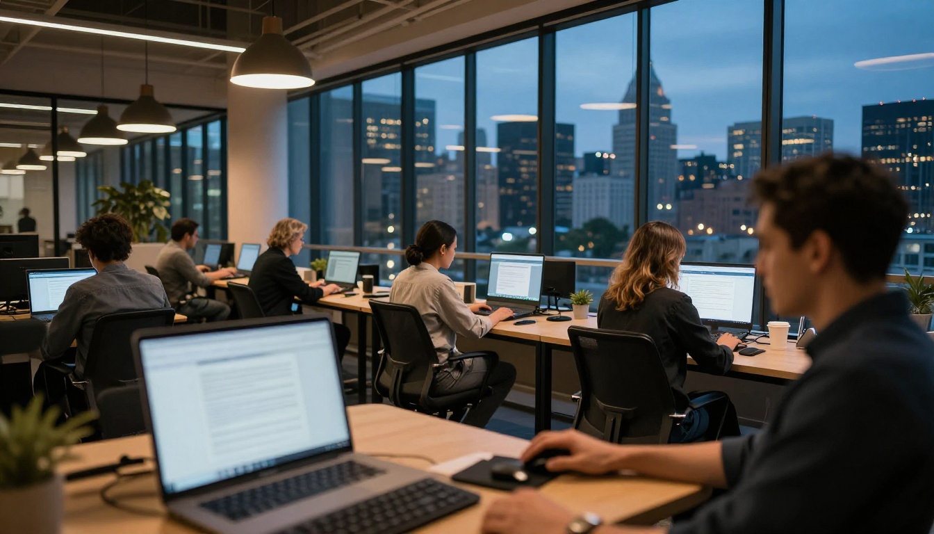 Diverse professionals working on laptops at a long shared table in a co-working space at dusk Diverse professionals working on laptops at a long shared table in a co-working space at dusk
