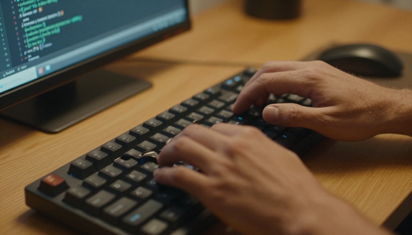 A professional woman focused at her desk in a bright home office, studying data on a wide monitor