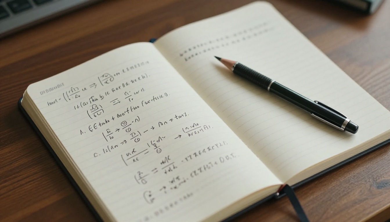 Aerial shot of an open notebook covered in handwritten equations, flowcharts, and logic diagrams