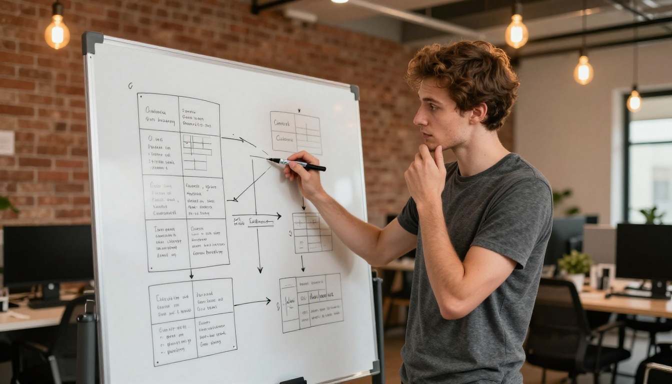A tall man at a whiteboard covered in diagrams in a warm, brick-walled tech office