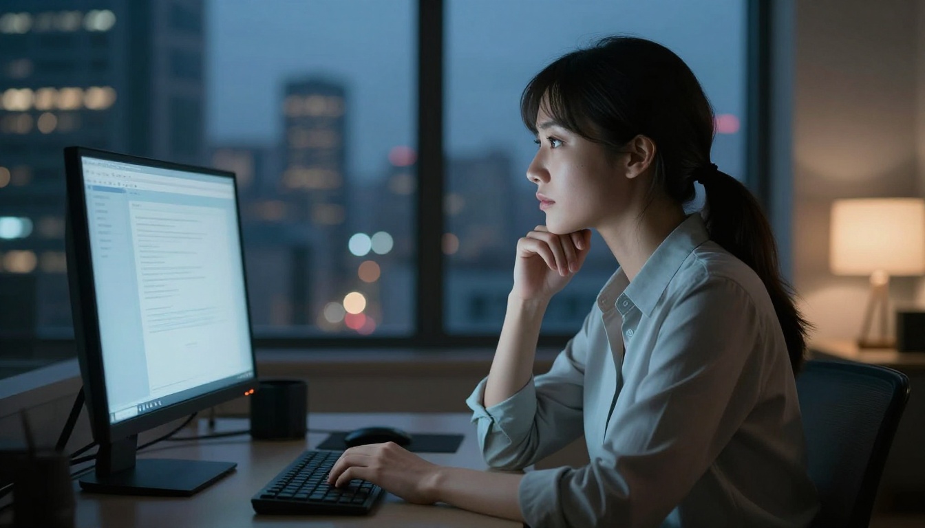 A side-profile portrait of a focused woman at her desk lit by monitor glow, city lights blurred behind her