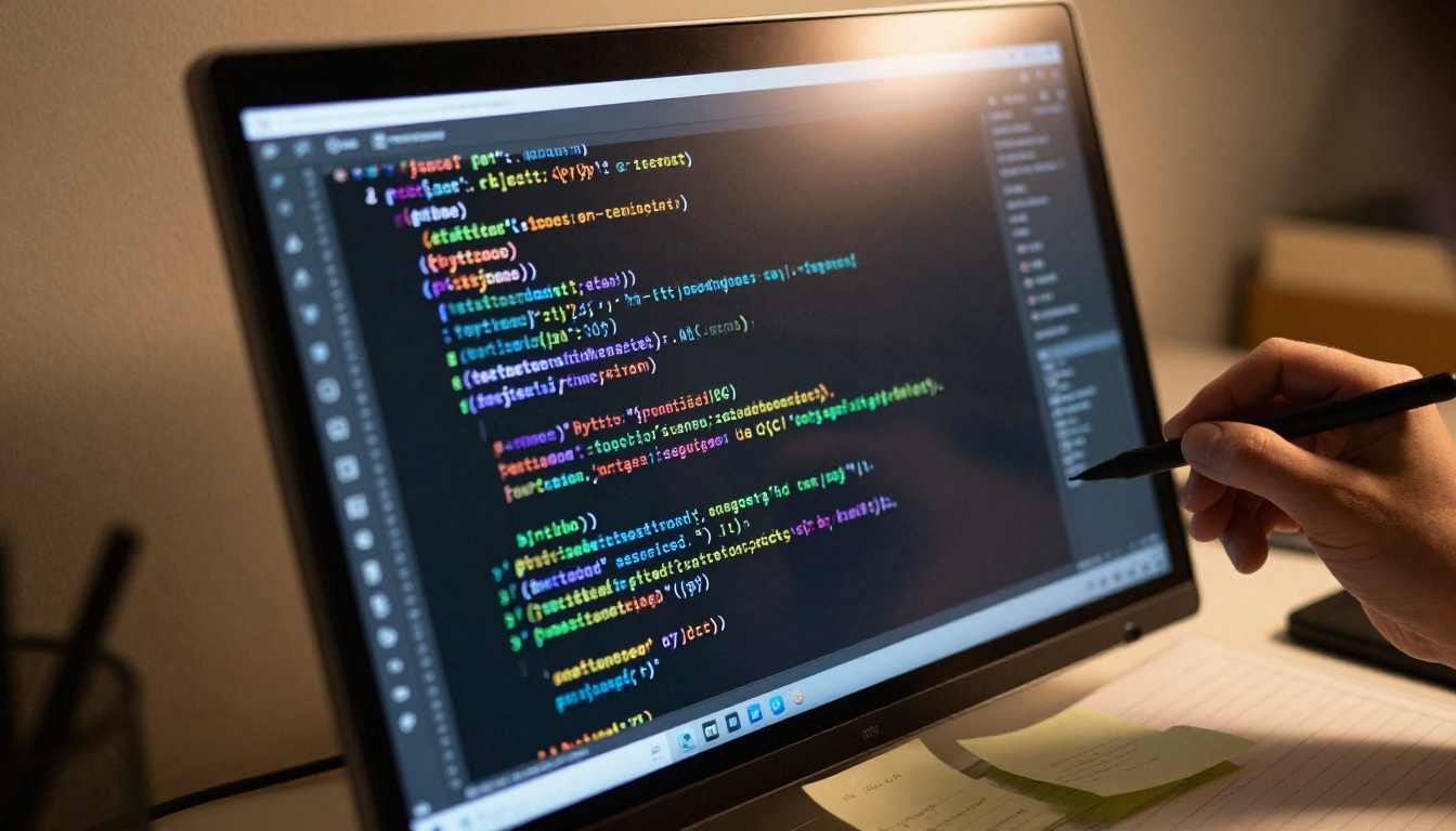 Close-up of a monitor screen showing Python code in dark mode with a stylus hovering nearby