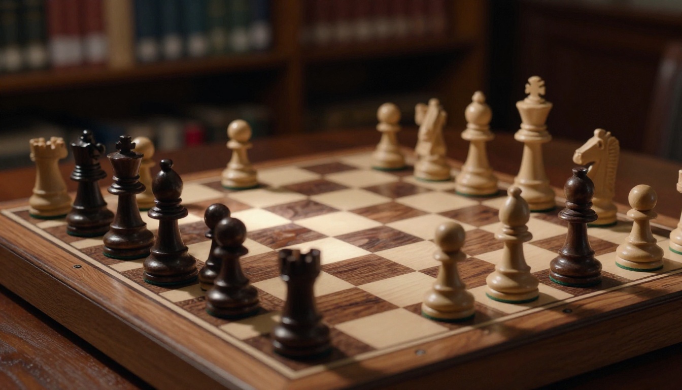 A low-angle shot of a chess board mid-game with dramatic shadows cast by each piece A low-angle shot of a chess board mid-game with dramatic shadows cast by each piece