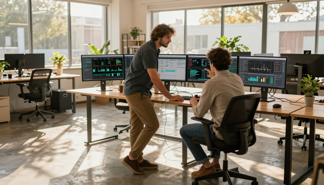 Two professionals collaborating at a standing desk with multiple monitors in a sunlit modern office Two professionals collaborating at a standing desk with multiple monitors in a sunlit modern office