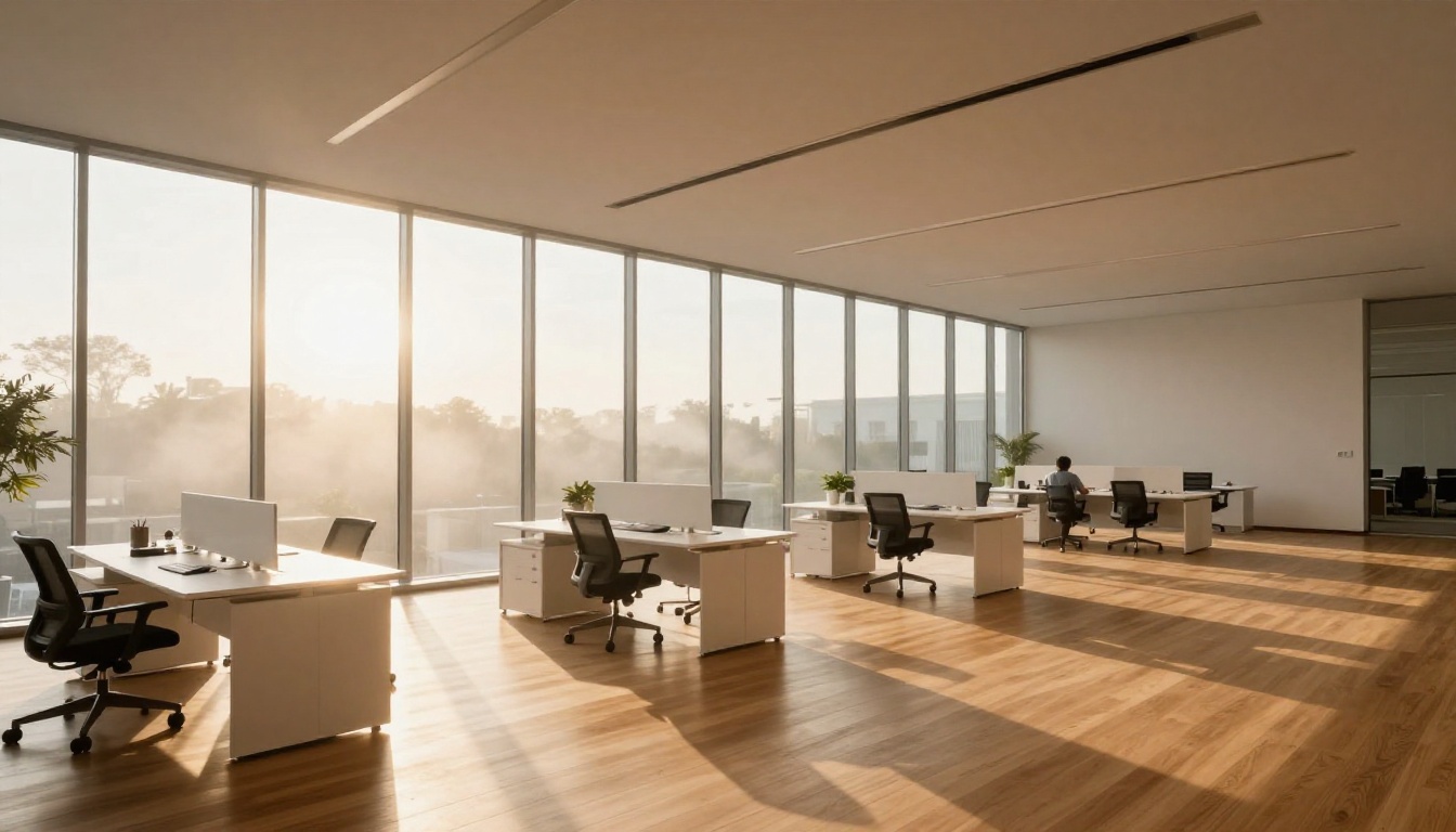 A wide architectural shot of an empty bright modern office with morning light streaming through floor-to-ceiling windows A wide architectural shot of an empty bright modern office with morning light streaming through floor-to-ceiling windows