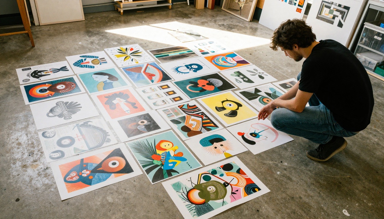 Aerial view of printed AI artworks on studio floor