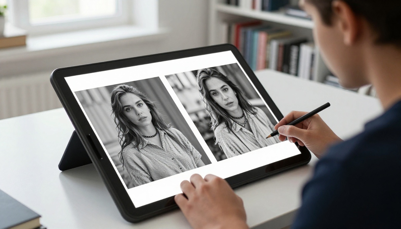 Professional comparing two print qualities on a light table
