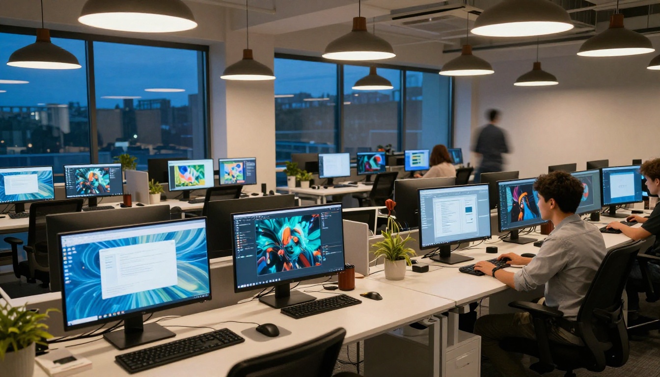 Creative professional at dual-monitor office workstation