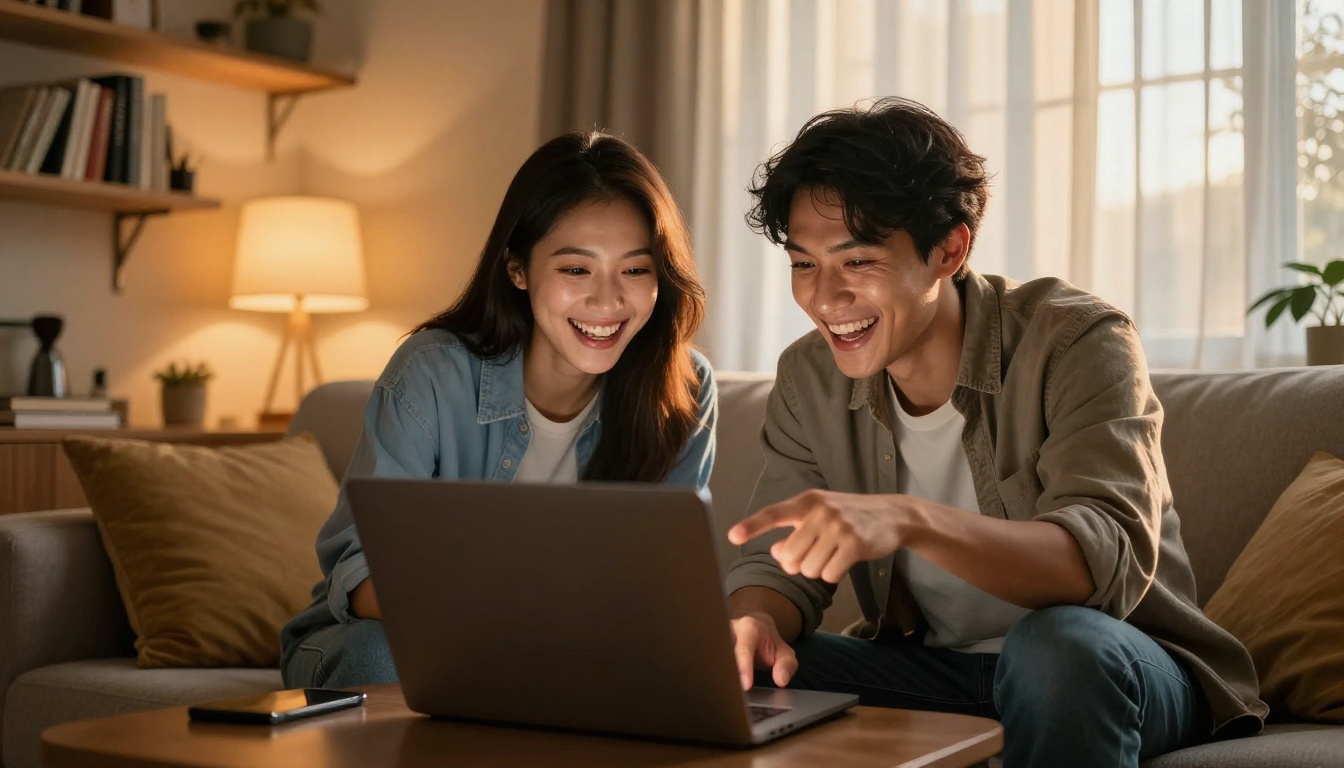 Two friends laughing at AI-generated art on laptop