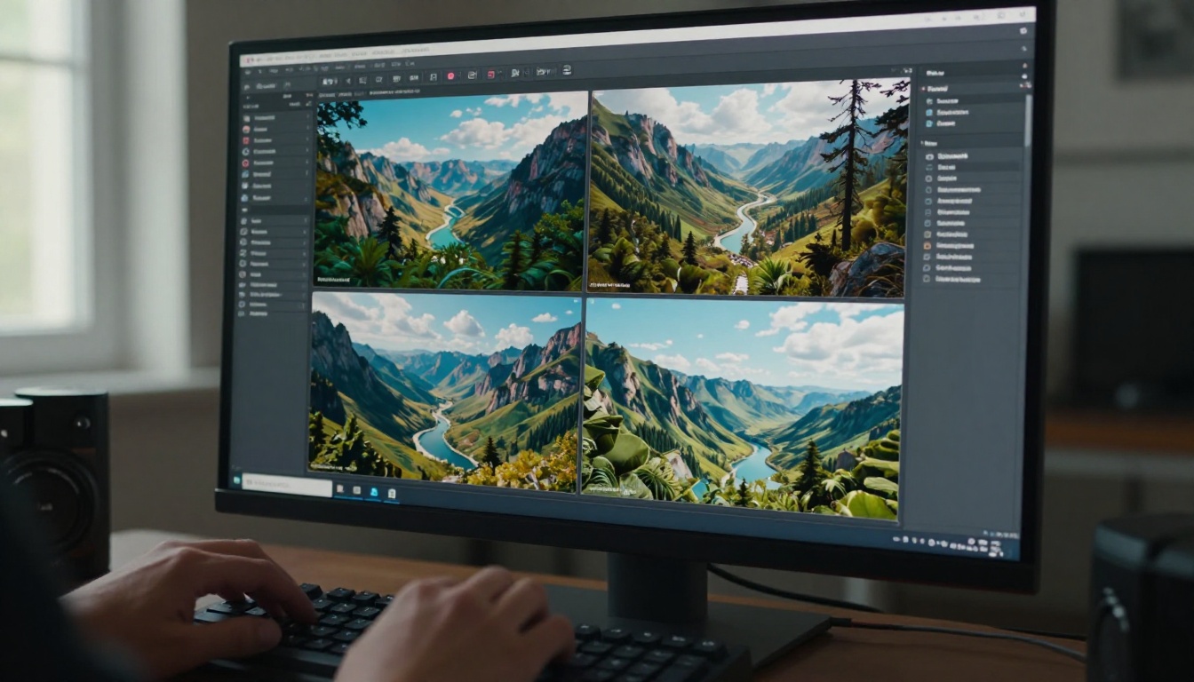 Monitor showing grid of AI-generated landscape images