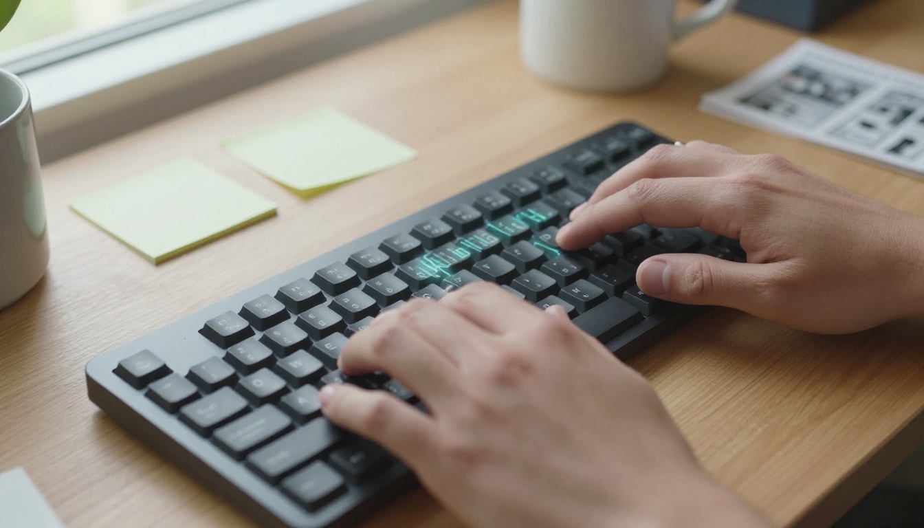 Hands typing on a mechanical keyboard in a creative workspace