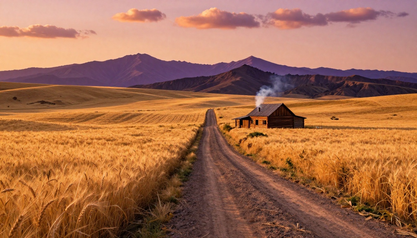 Cinematic golden-hour valley landscape with wheat fields and mountain peaks