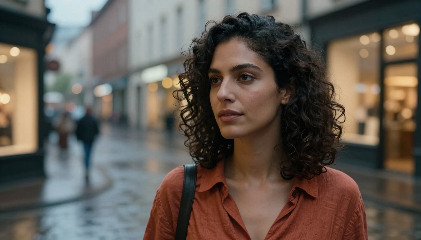 Portrait of a woman on a wet urban street at blue hour, cinematic photography