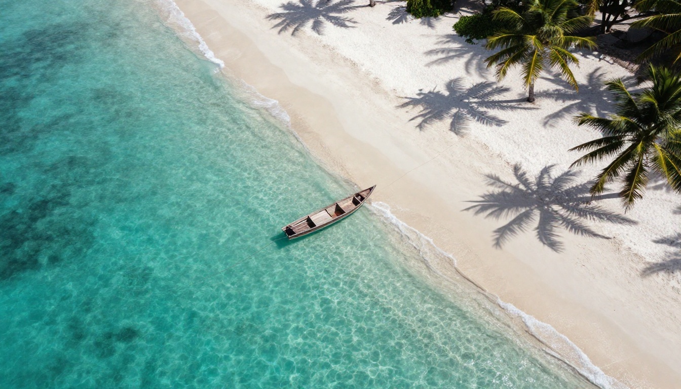 Aerial drone view of a turquoise tropical beach cove with coral sand