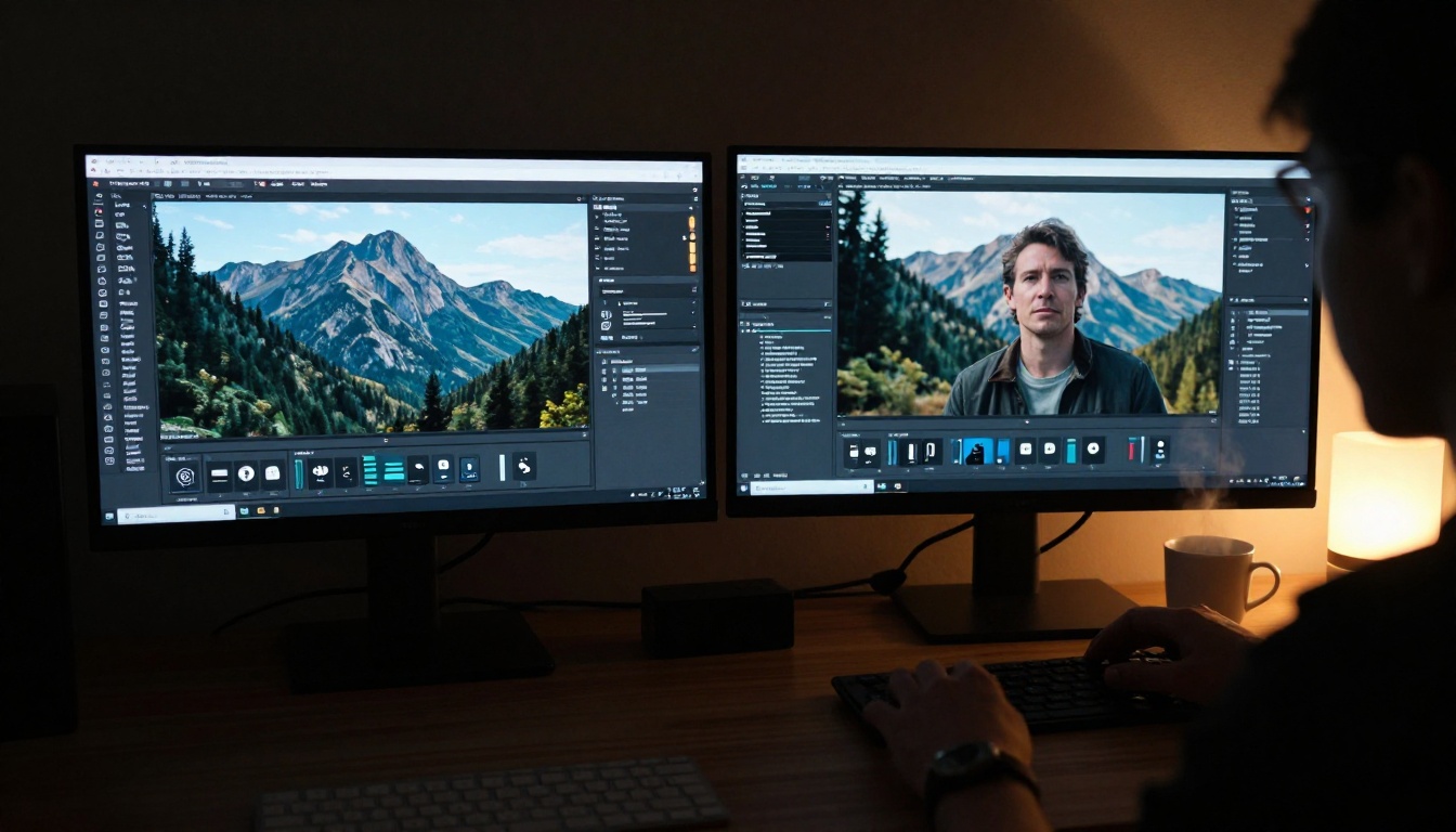 Person comparing two AI video outputs on dual monitors in a dark workspace