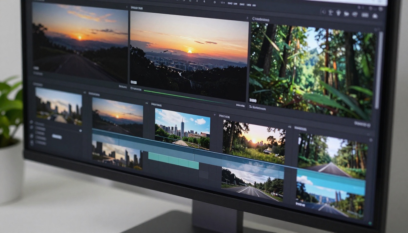 Video timeline interface showing AI-generated scene thumbnails on a modern monitor
