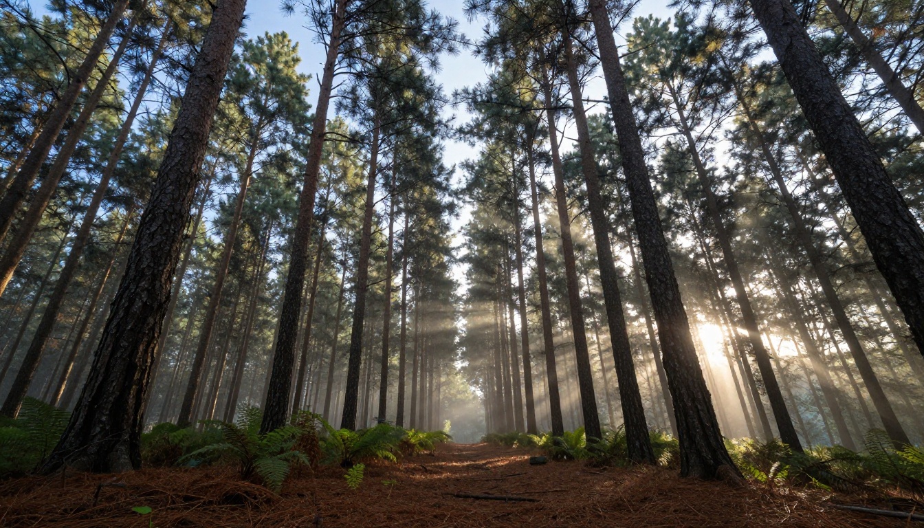 Low-angle shot looking up through a pine forest canopy with sunlight rays