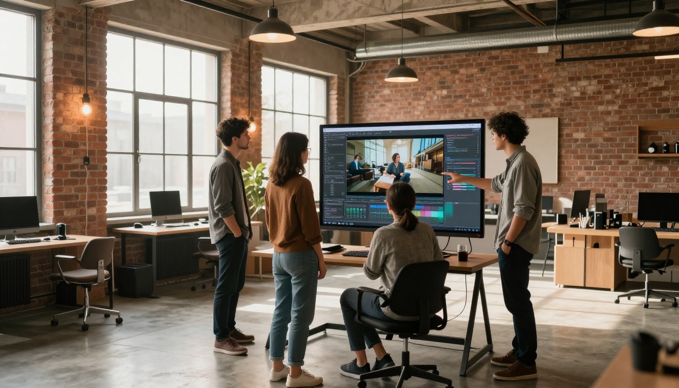 Team collaborating in a modern creative studio reviewing AI video generation results