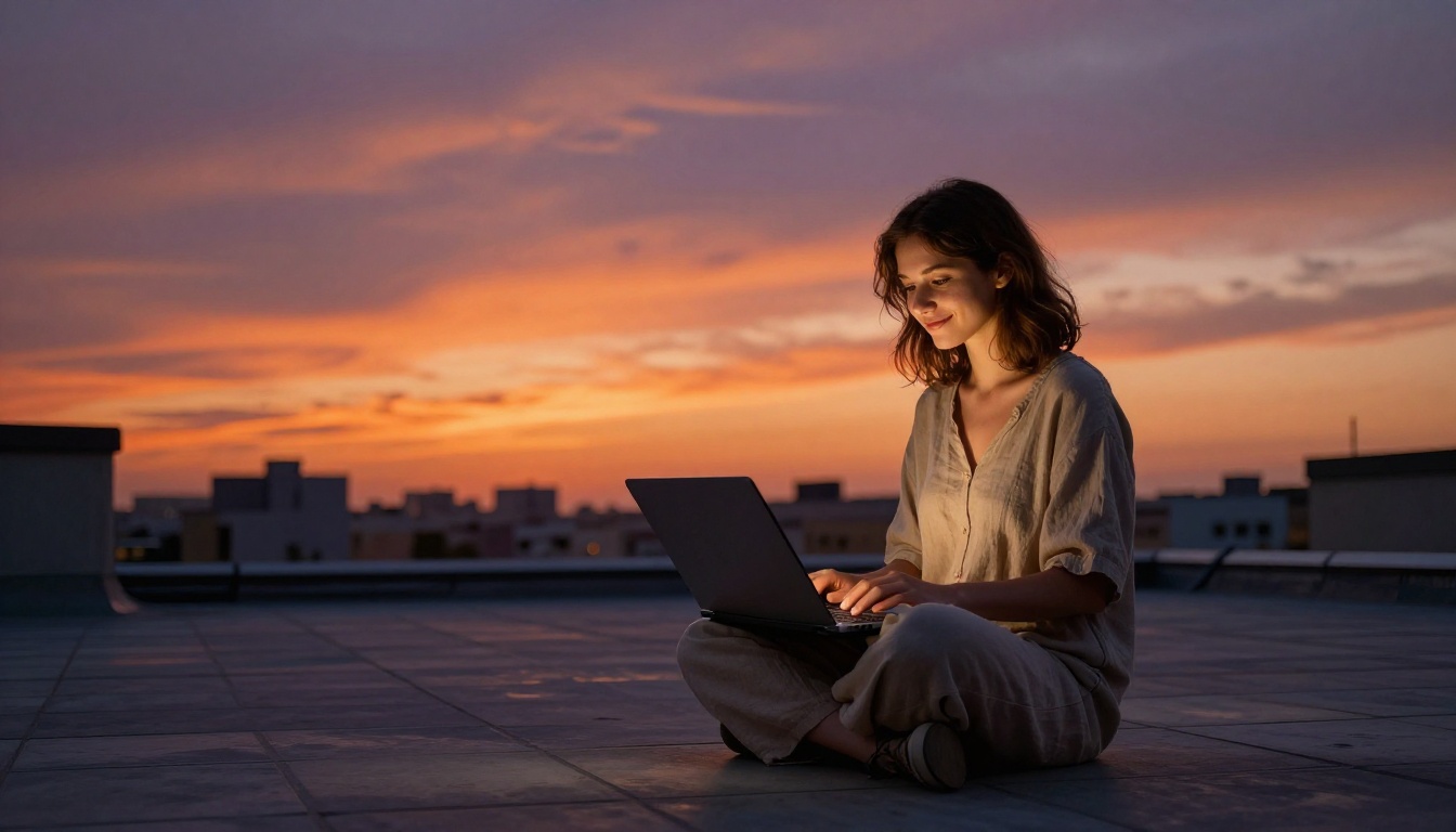 Young woman on a rooftop terrace at sunset with a laptop, city skyline behind her
