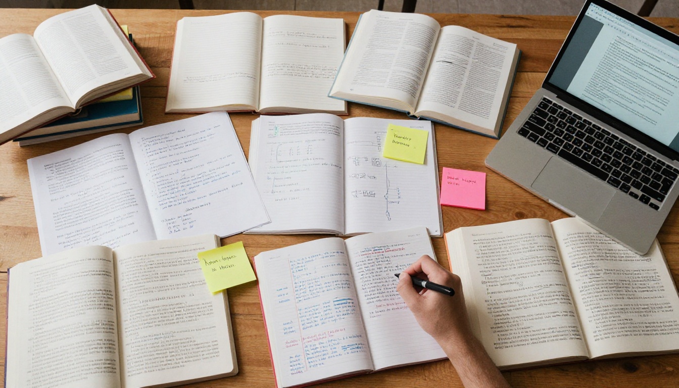 Aerial flat-lay of a desk covered with open books, research papers, and handwritten notes