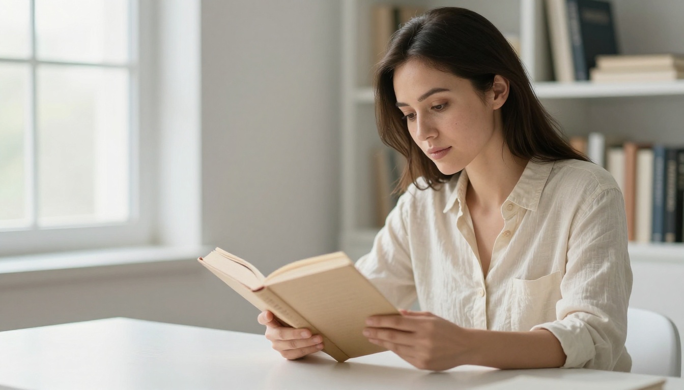 A professional woman reading a thick open book at a minimalist desk in soft window light