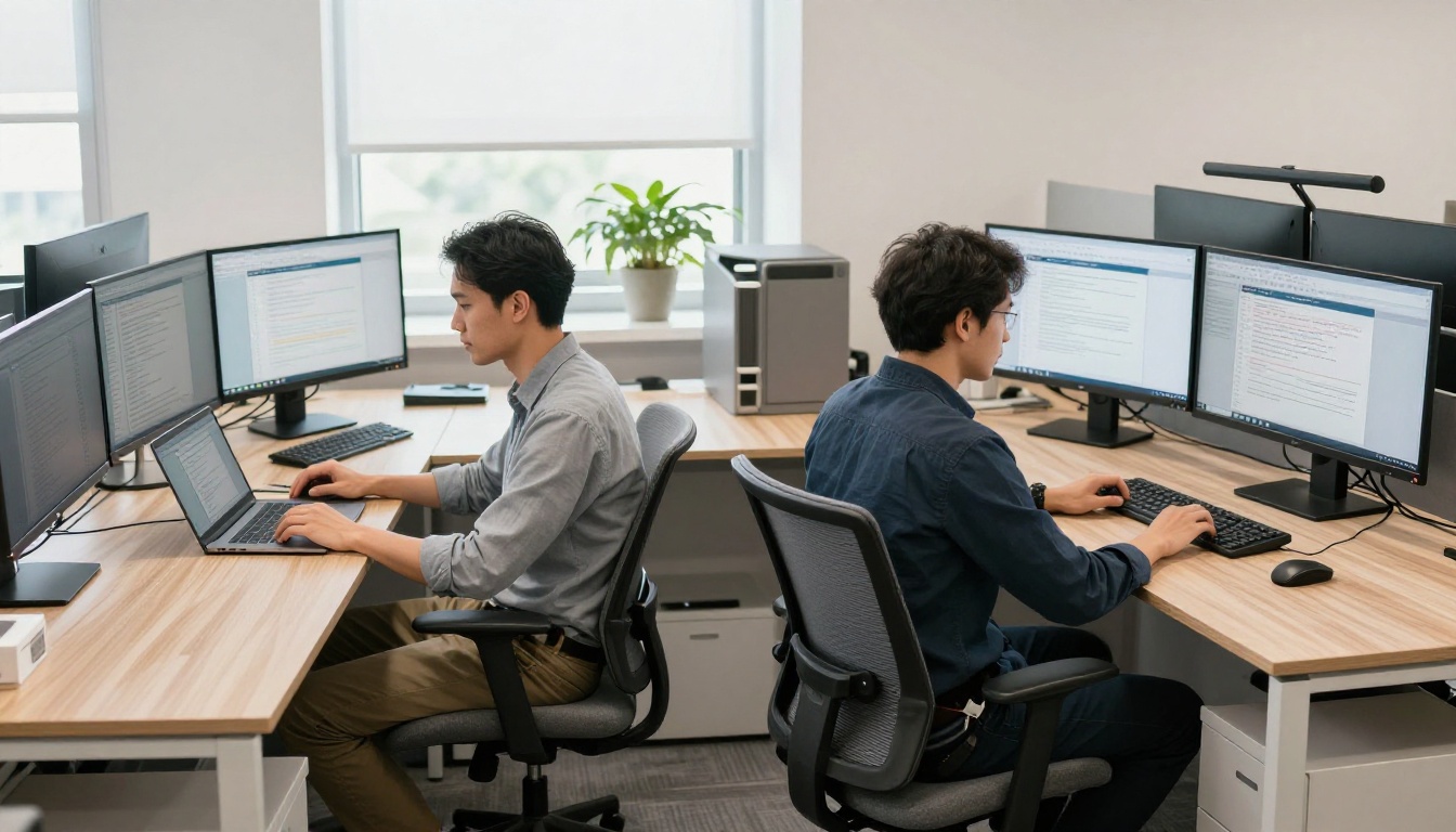 Two people working side by side in a modern office, one with a small laptop and one with three large monitors