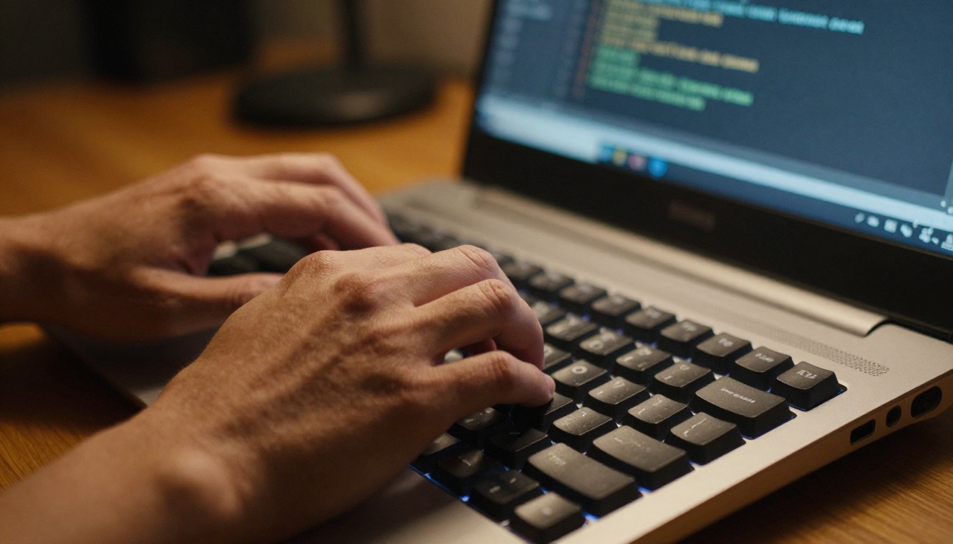 Close-up of developer hands typing on a mechanical keyboard with warm lamp light and softly blurred terminal screen in background