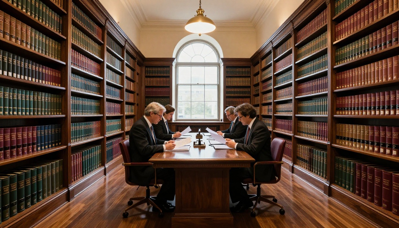Interior of a law library with floor-to-ceiling shelves of leather-bound volumes and lawyers reviewing documents at a central table