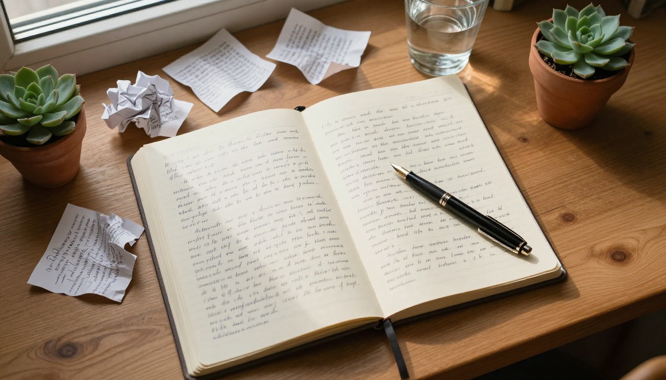Overhead aerial of a writer's desk with open notebook filled with handwritten text, fountain pen, crumpled drafts, and a succulent plant