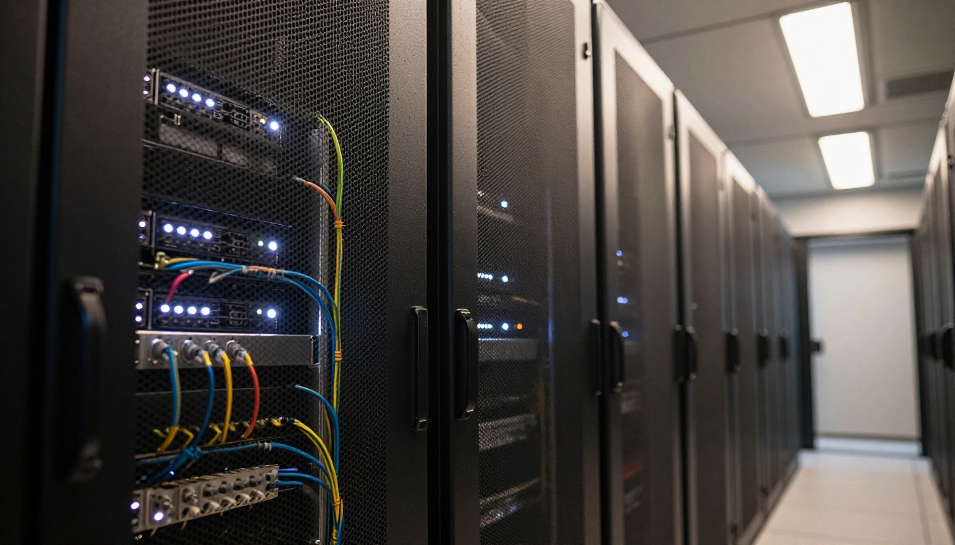 Row of server rack units in a modern data center corridor under warm white overhead lighting