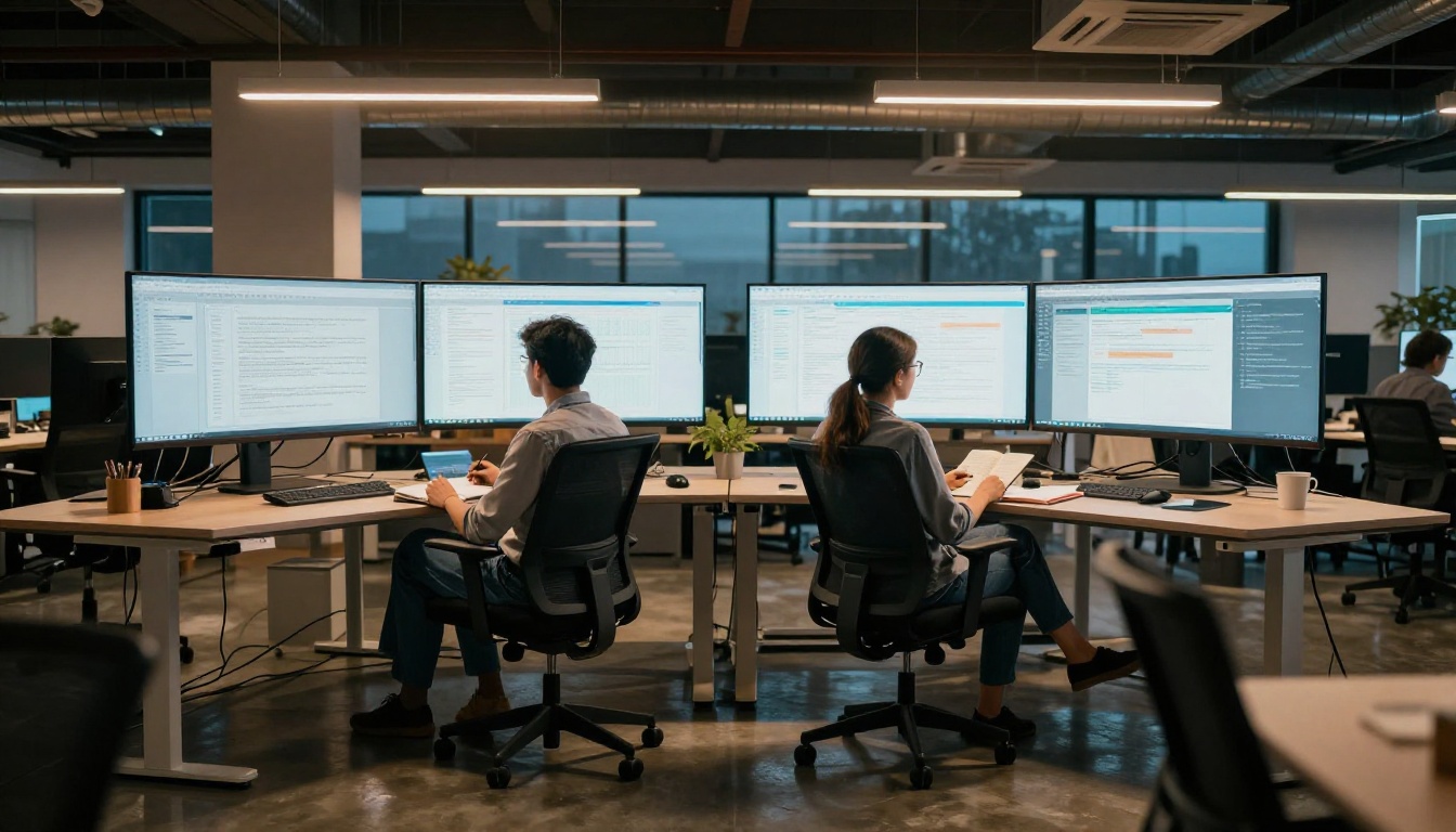 Modern office workspace at dusk with professionals reviewing long documents