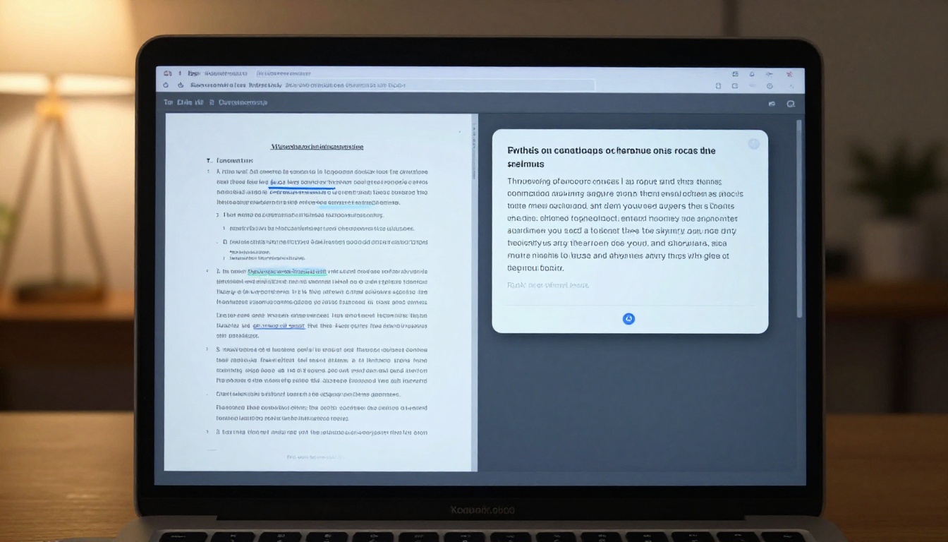 Laptop screen displaying split document view and AI assistant chat