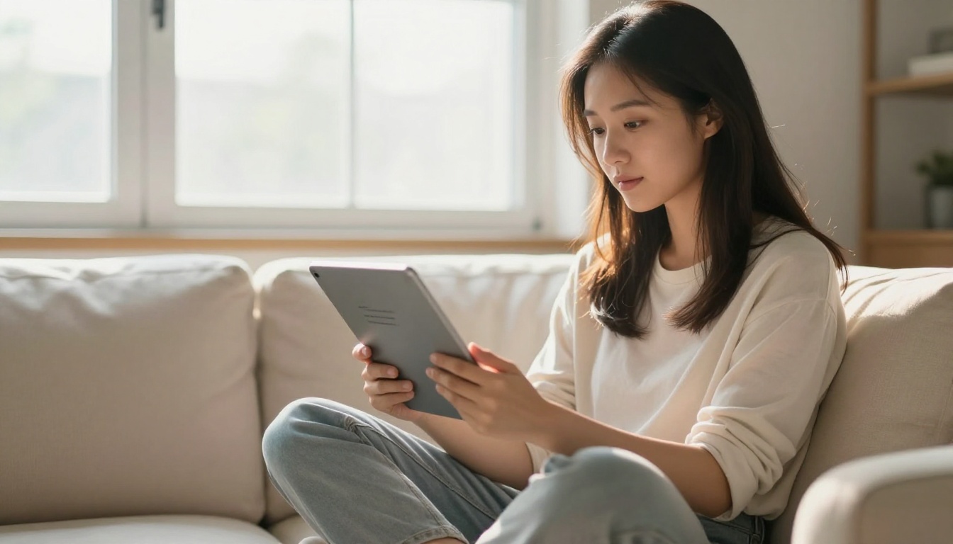 Woman reviewing a long document summary on a tablet