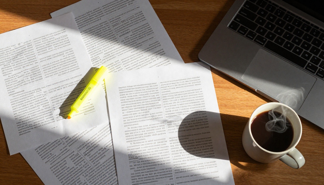 Aerial overhead view of printed documents spread across a wooden desk