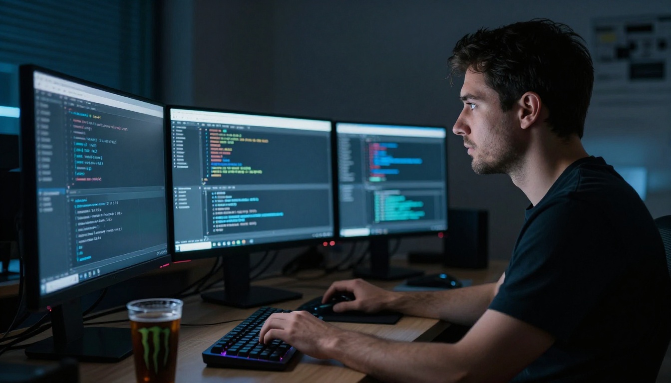 Developer working at night with multiple monitors showing code