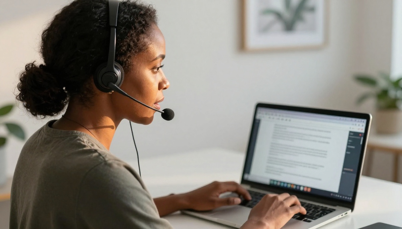 Professional woman speaking into headset while working on long-form content