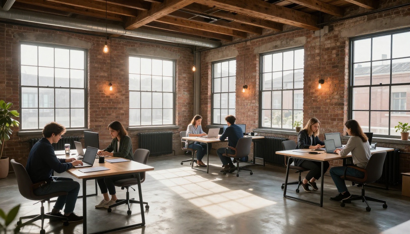 Multiple professionals working in a co-working space with laptops